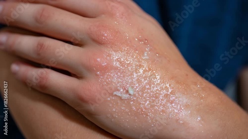 Person rubbing hydrating ointment into eczema-affected skin, redness and dryness visible, close-up highlighting the healing action of the topical treatment