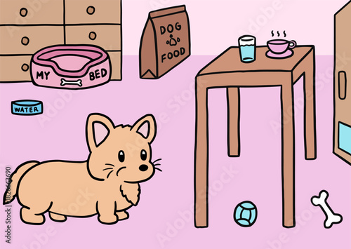 Cute hand drawn vector illustrations of living room with puppy, drawer, dog bed, water bowl, dog food bag, bone, ball, table, water glass, tea cup, door for home decor, house tour, room design, pet