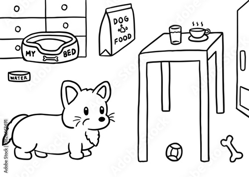 Cute hand drawn vector outlines of living room with puppy, drawer, dog bed, water bowl, dog food bag, bone, ball, table, water glass, tea cup, door for home decor, house tour, room design, pet