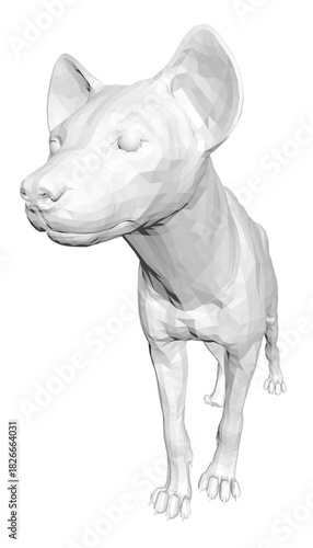 Polygonal hyena illustration in black and white, featuring a low poly art style with geometric shapes and clean lines on a plain white background.
