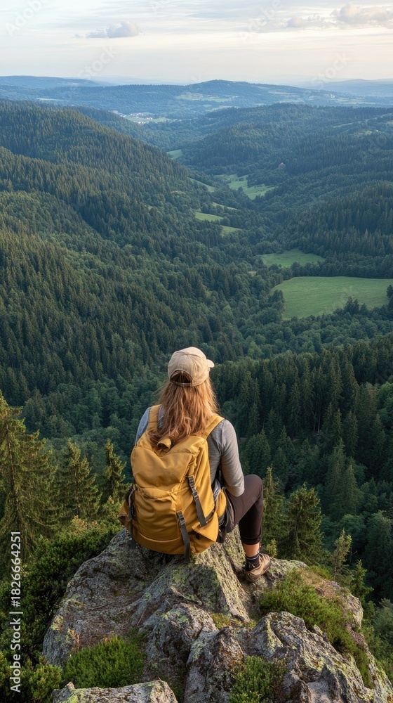 Naklejka premium Scenic mountain view with hiker overlooking lush valleys and forests during sunset in nature's tranquility