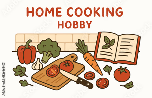 Vegetable preparation with open cookbook in kitchen setting