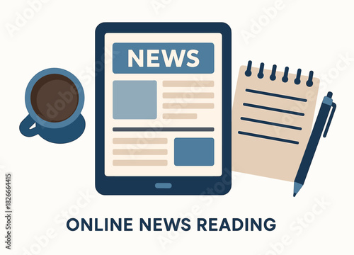 Digital news and coffee: tablet, notepad, pen, cup
