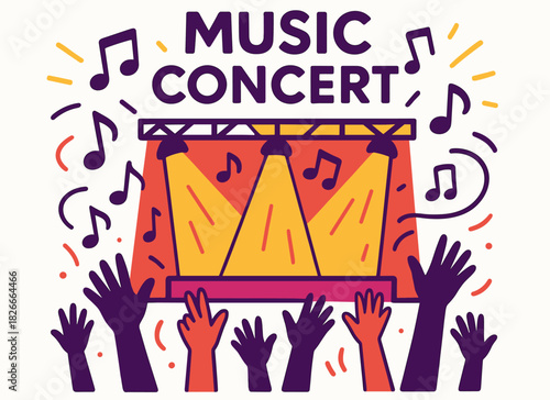 Live music concert illustration with audience hands and stage lights
