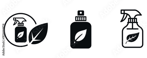 Discover eco friendly cleaning with these minimalist spray bottle icons showcasing natural ingredients and sustainable practices, perfect for organic product branding and green living campaigns