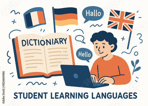 Young male learning languages with flags and dictionary illustration