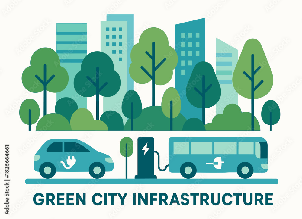 Naklejka premium Green city infrastructure with electric vehicles and urban trees