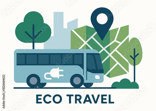 Eco-friendly bus travel with electric bus and urban map background