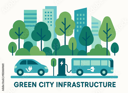 Green city infrastructure with electric vehicles and urban trees