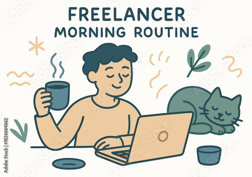 Young adult male freelancer enjoying morning routine with coffee and cat