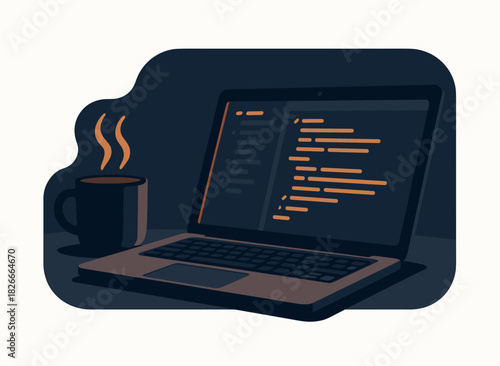 Open laptop with code and coffee cup in dark setting