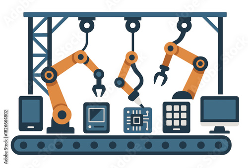Automated robotic assembly line with industrial robotic arms and electronics
