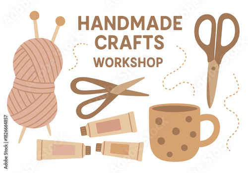Handmade crafts workshop with yarn, scissors, paints, and mug