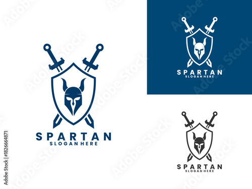 Spartan helmet with shield and sword logo design vector. Vintage Spartan logo design vector template