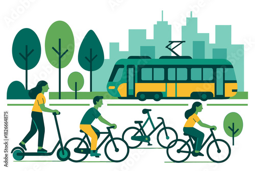 Eco-friendly urban transport with bicycles and scooter in green city setting