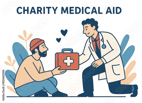 Male doctor providing medical aid to homeless caucasian man in donation effort