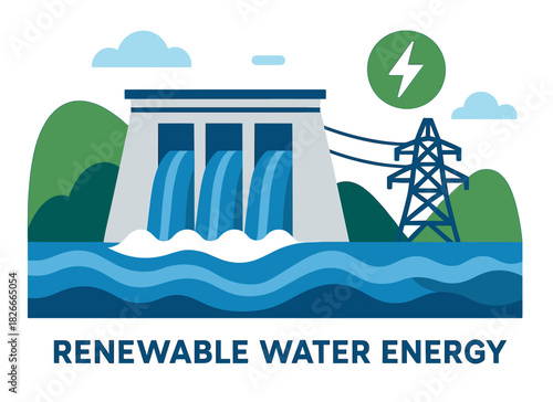 Hydropower dam and electric tower: renewable water energy illustration
