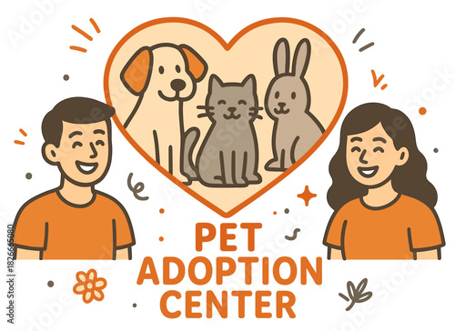 Happy young adults at pet adoption center with dogs, cat, and rabbit