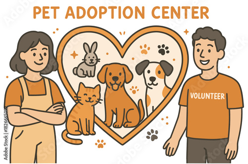 Pet adoption center with volunteers and animals in heart-shaped frame