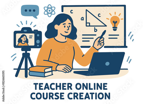 Female teacher creating online course content with digital tools and virtual classroom setup