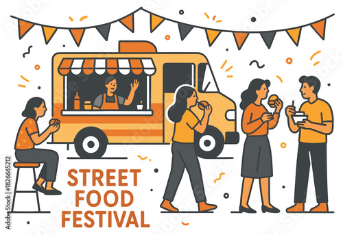Street food festival with diverse adults enjoying snacks near colorful food truck