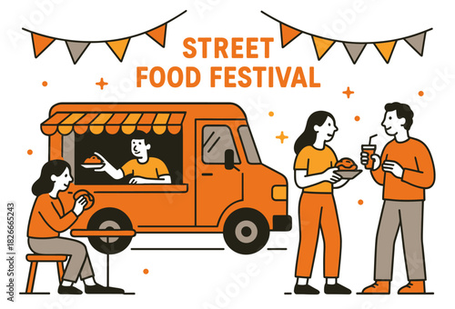 Street food festival with young adults enjoying outdoor snacks and drinks