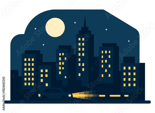 Night cityscape with car and moonlit skyline