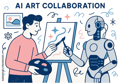 Human and robot collaborating on art with painting tools