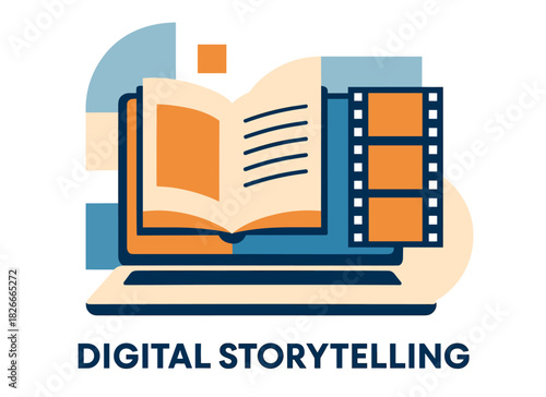 Digital storytelling concept: open book and film reel on laptop