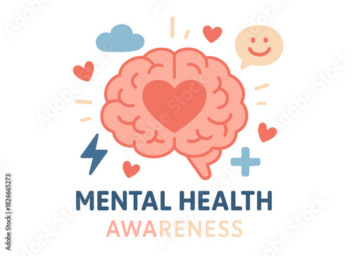 Mental health awareness concept with brain, heart and symbols