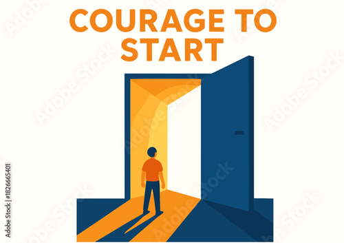 Courage to start: illustration of a young male entering a brightly lit doorway