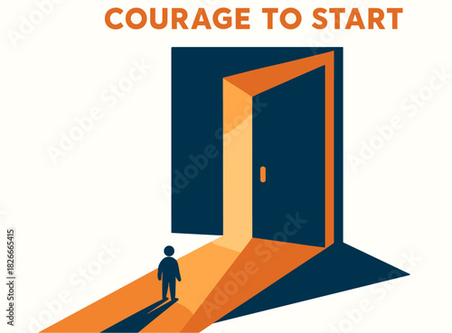 Courage to start: silhouette facing a brightly lit open doorway illustration