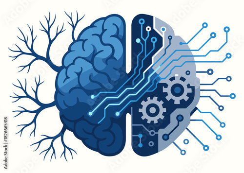 Artificial intelligence concept: digital brain with neural and circuitry elements