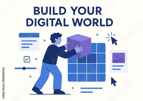Male character building digital world with interactive elements and grid design