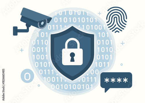 Digital security concept with lock, fingerprint, binary code, and surveillance camera