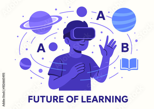 Male teen engaging in virtual reality learning with planetary graphics