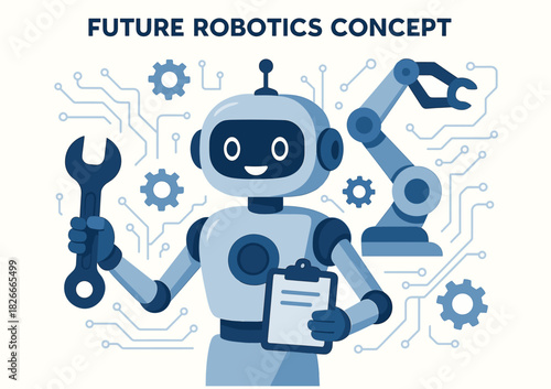 Friendly robot holding wrench with circuit background for future robotics concept