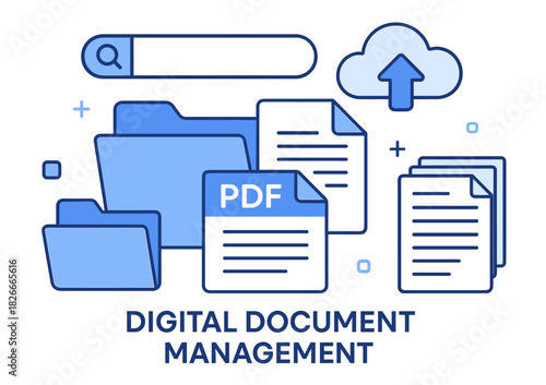 Digital document management system with file folders and cloud upload icon