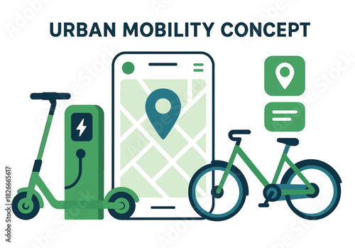 Urban mobility concept with electric scooter, charging station, smartphone, and bicycle
