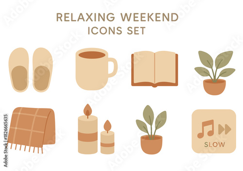 Relaxing weekend icons: cozy slippers, warm drink, open book, green plants, candles