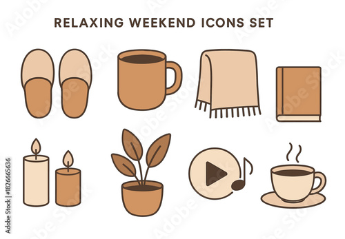 Relaxing weekend icons: slippers, mug, blanket, book, candles, plant, music, coffee