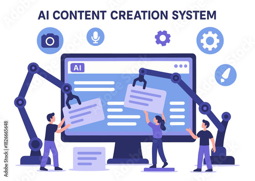Ai content creation system with robotic arms and diverse team collaborating on digital platform