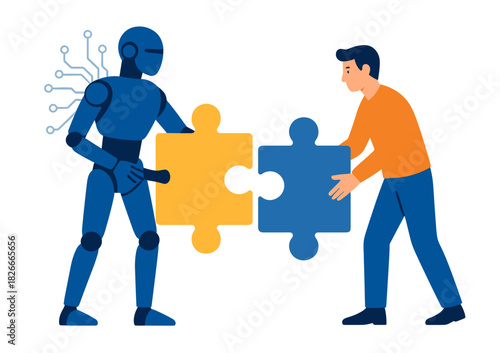 Human and robot collaborating with puzzle pieces for problem solving and teamwork