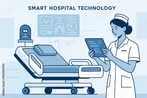 Female asian nurse using smart technology in advanced hospital room