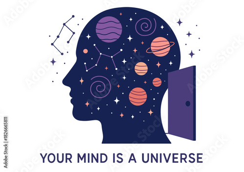 Silhouette head with cosmic elements and open door highlighting universe within