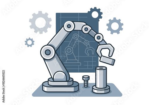 Robotic arm in industrial setting with mechanical gears and engineering blueprint