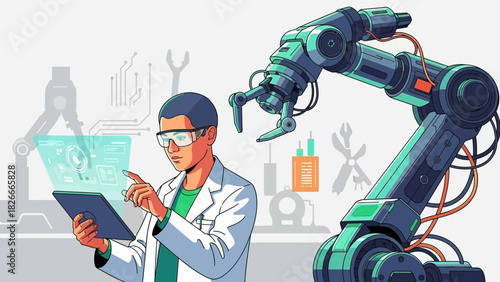 Scientist Utilizing a Tablet for Automated Robotic Arm Manipulation in an Advanced Technological Setting, focusing on the intersection of research and robotics