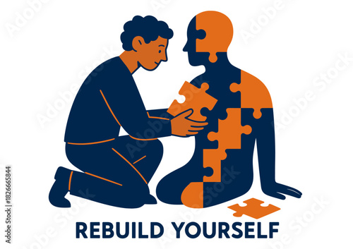 Illustration of a person assembling puzzle pieces on another figure symbolizing personal growth