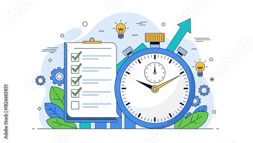 Efficiency and Productivity Concept: Stopwatch with Checklist and Light Bulb Representing Project Management for Adobe Stock Images, A Vector Illustration