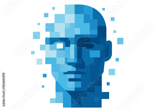 Abstract blue geometric digital face with pixelated features and futuristic design